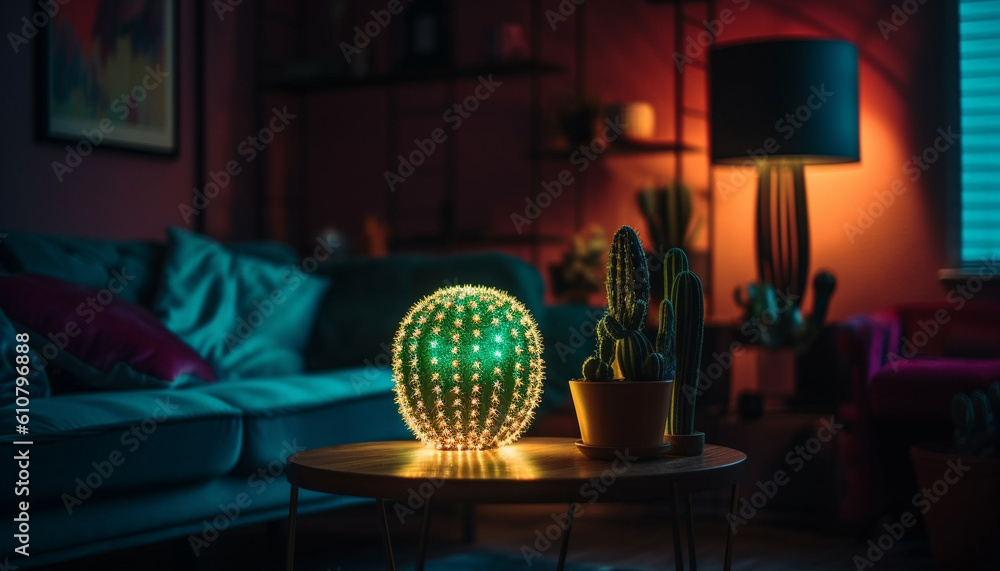 Modern luxury living room with bright illuminated electric lamp shade generated by AI