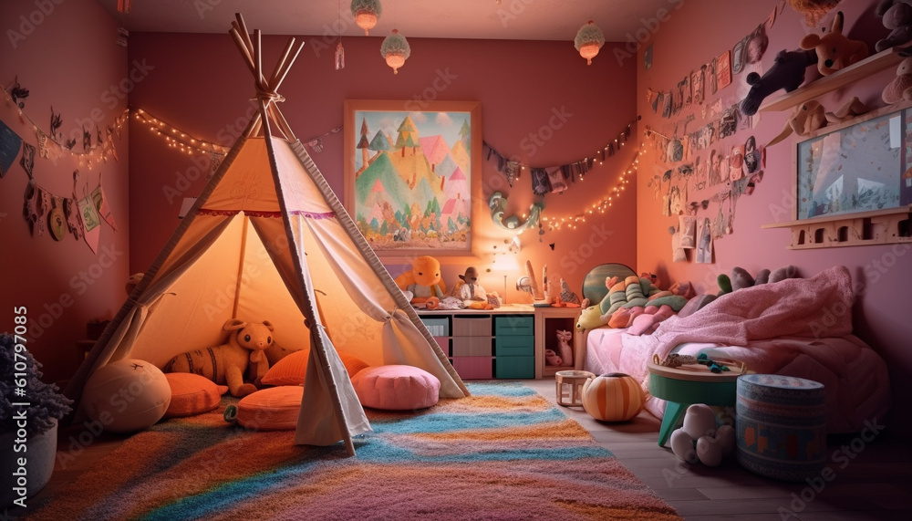 Cheerful child playing with multi colored toys in illuminated bedroom tent generated by AI