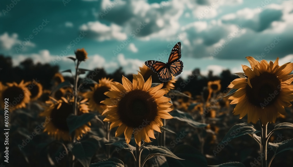 Vibrant meadow blossoms with multi colored petals, buzzing with pollination generated by AI