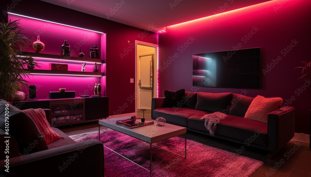 Luxury modern home interior with bright lighting equipment and comfortable sofa generated by AI