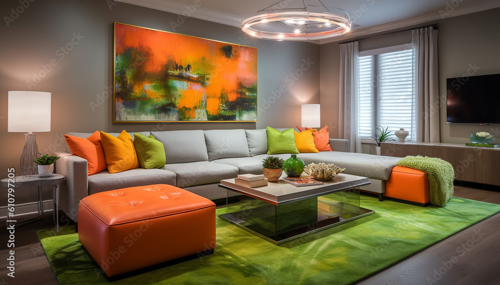 Modern apartment with comfortable, elegant decor and vibrant green accents generated by AI