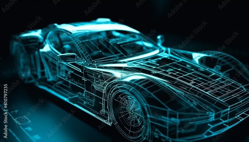 Futuristic sports car blueprint modern design, alternative energy, glowing engine generated by AI