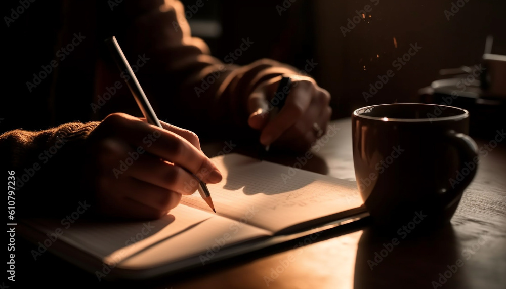 Caucasian woman sitting at desk, holding coffee cup, writing notes generated by AI