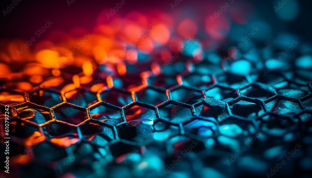 Metallic honeycomb wallpaper reflects vibrant colors in illuminated abstract pattern generated by AI