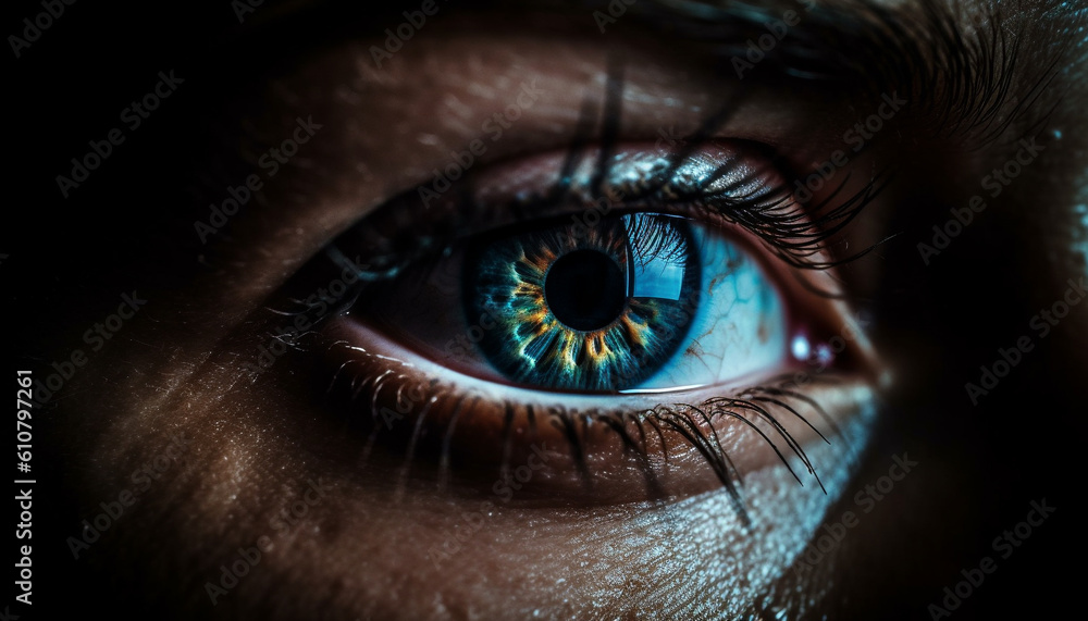 Blue eyed woman staring, macro lens captures beauty in close up generated by AI