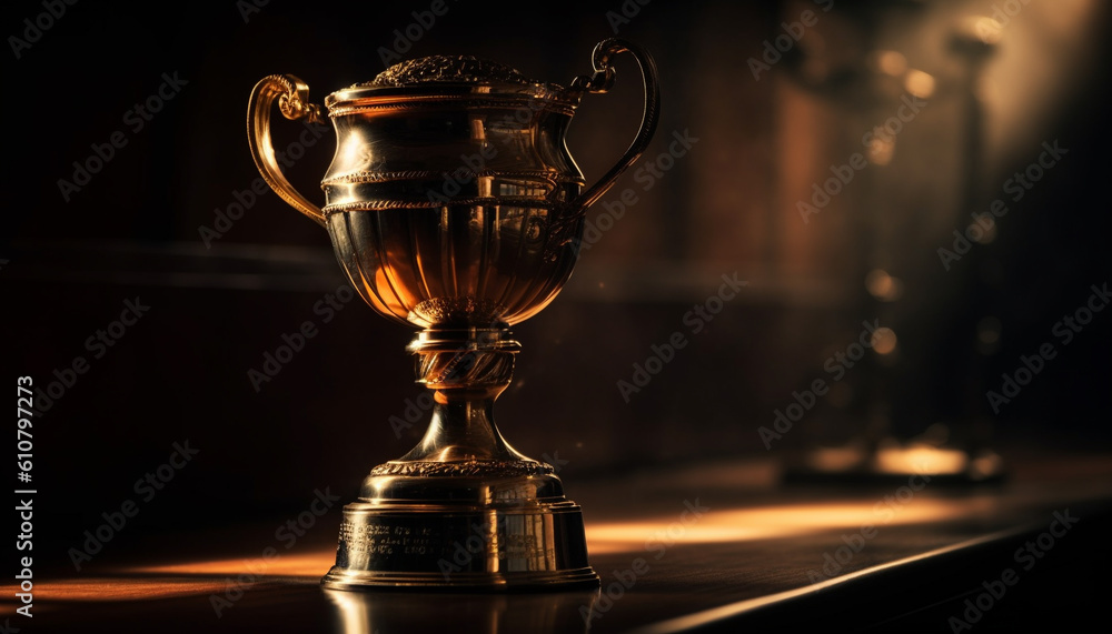 Shiny gold trophy on table, illuminated for achievement celebration generated by AI