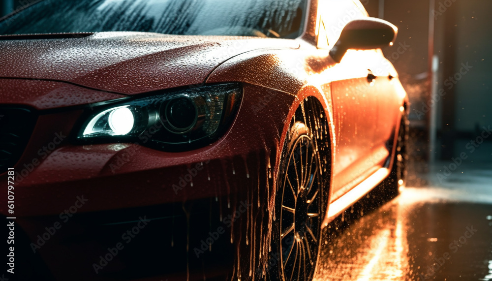 Speeding sports car splashes through wet city streets at night generated by AI