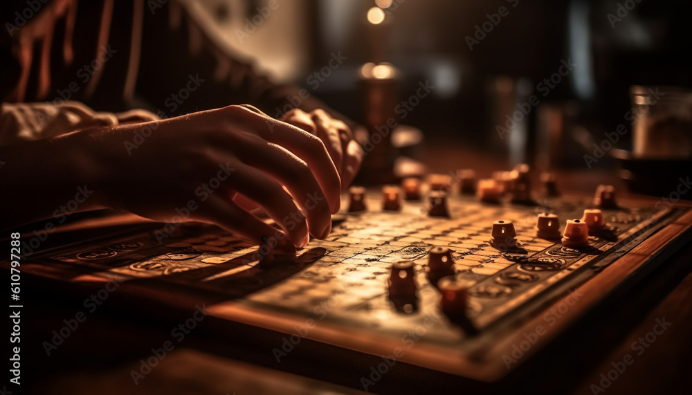 Creative musicians compete in chess game, enjoying leisure activity indoors generated by AI