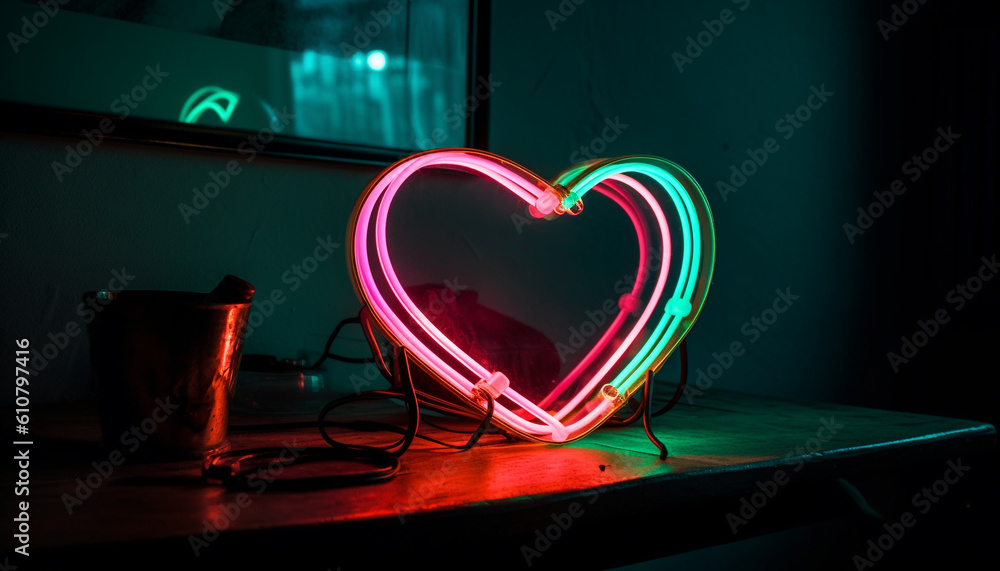 Glowing symbol of love in dark nightclub decoration, illuminated by electric lamps generated by AI