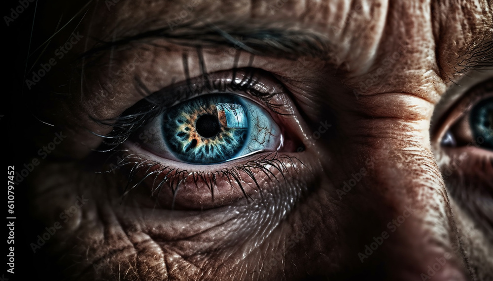 Blue eyed man staring at camera, close up of human eye generated by AI