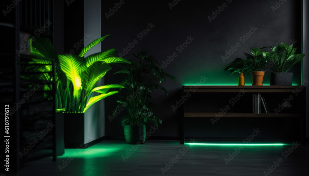 Modern apartment with natural design, illuminated by electric lamp generated by AI