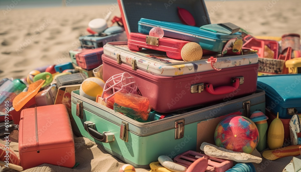 summer journey to tropical resort with multi colored luggage generated by AI