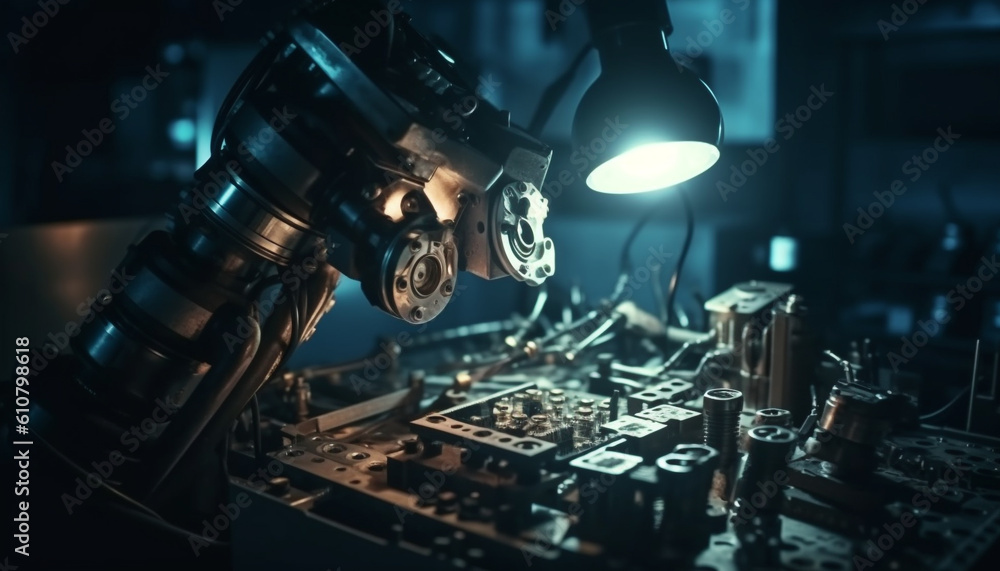 Robotic arm repairs complex computer chip in futuristic manufacturing factory generated by AI