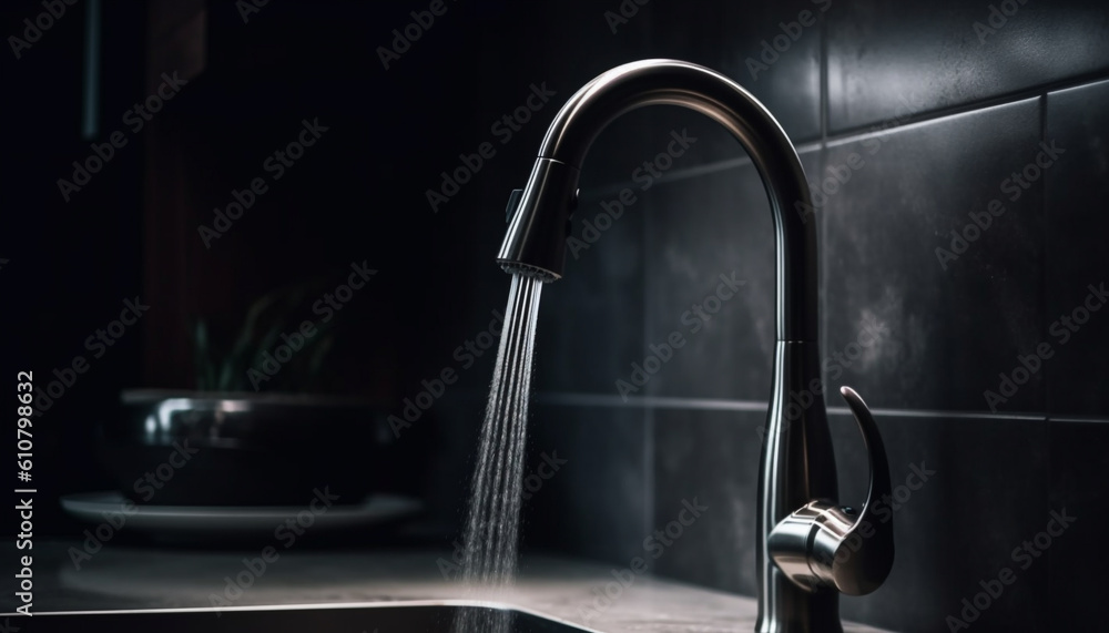 Clean, modern kitchen sink with chrome faucet and steel design generated by AI