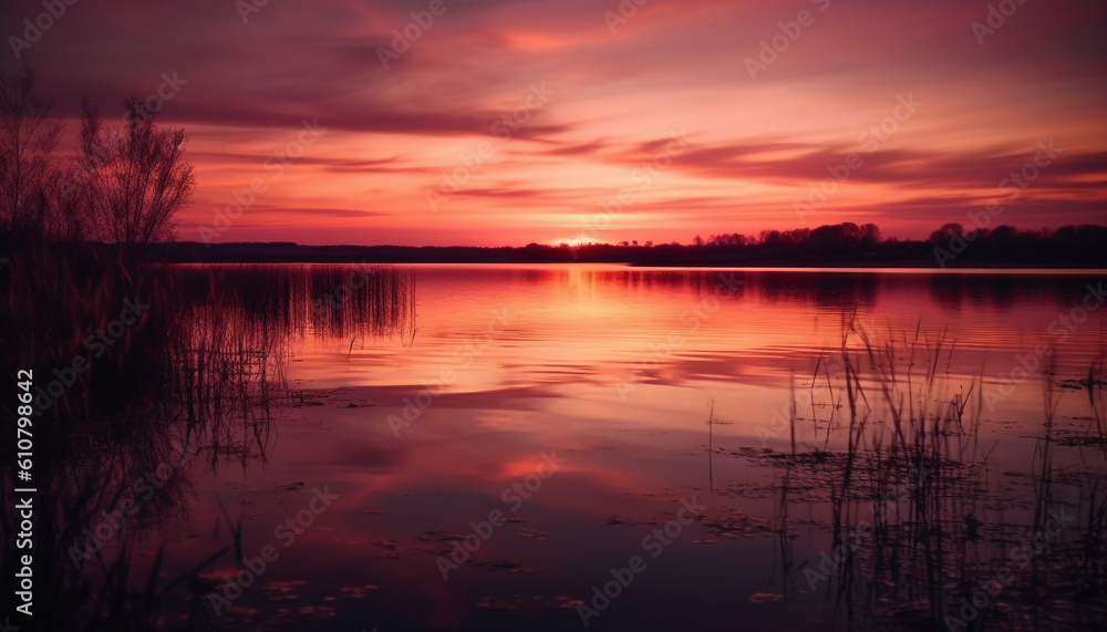 Tranquil sunset over water, nature beauty in vibrant colors generated by AI