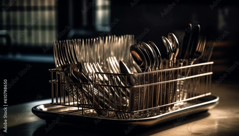 Stack of shiny stainless steel kitchen utensils on wooden table generated by AI