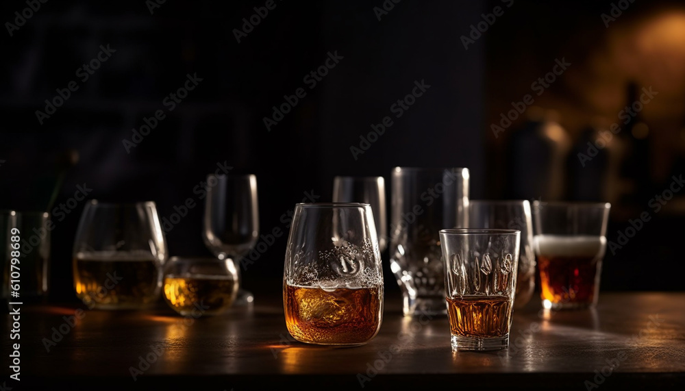 Luxury whiskey bar, dark wood background, glass reflection, celebration night generated by AI