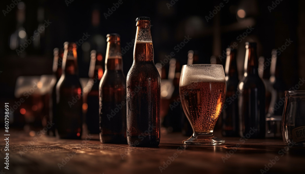 Dark liquid in beer bottle on table at bar establishment generated by AI