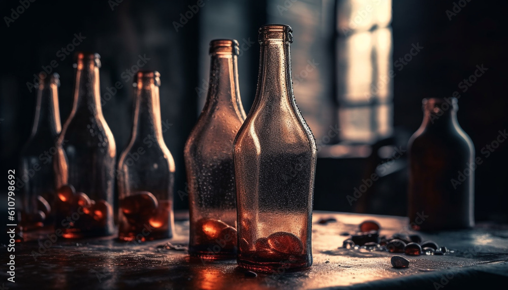 Dark liquid in glass bottle on wooden table, refreshing drink generated by AI