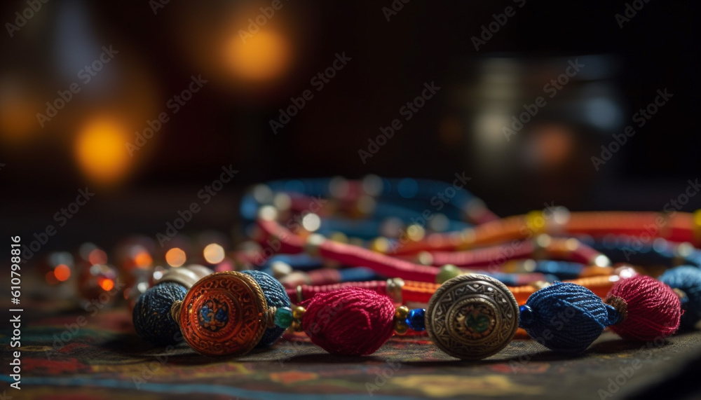 Vibrant colored spools of thread adorn homemade craft product collection generated by AI