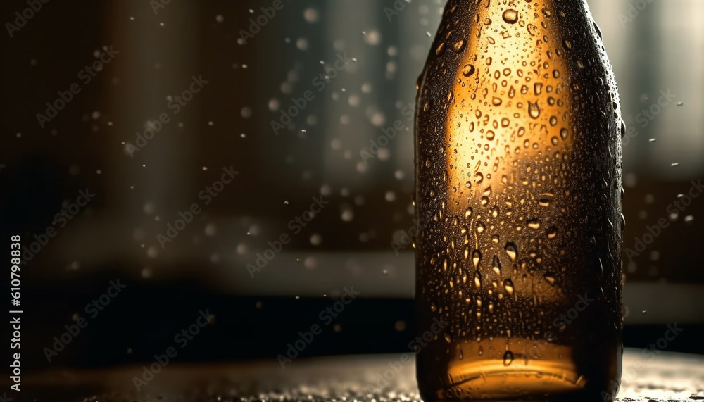 A frothy drink in a beer glass on a wood table generated by AI