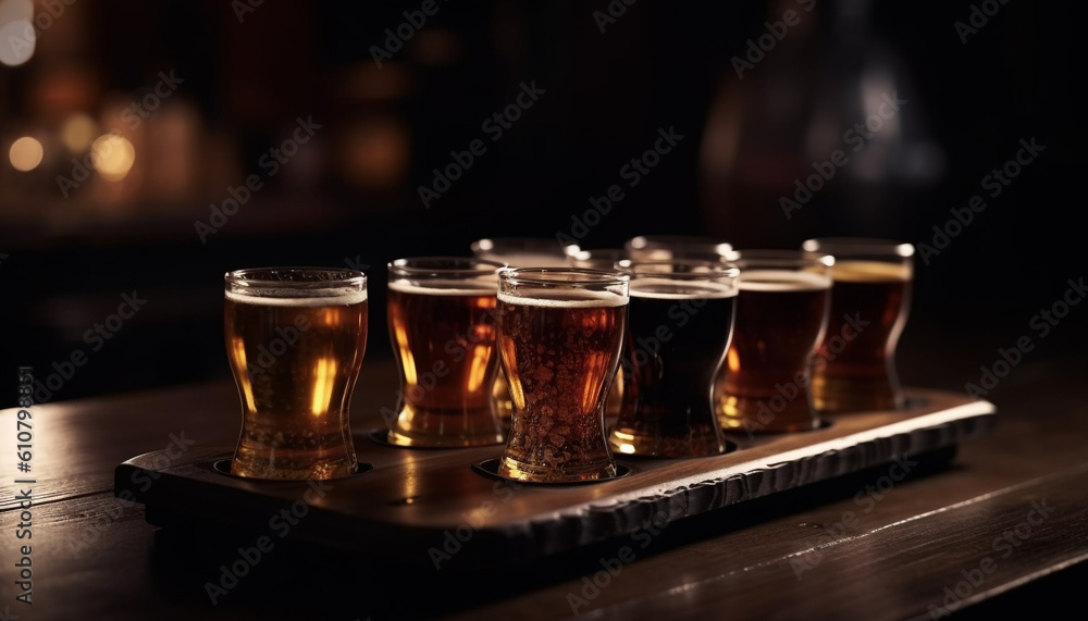 Fresh stout in a pint glass on a dark bar counter generated by AI