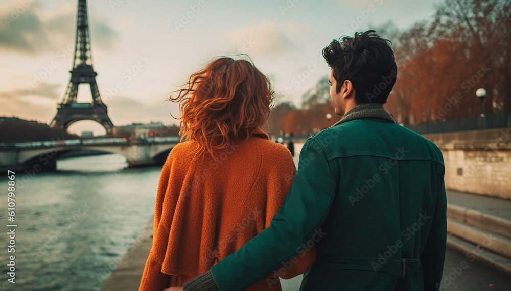 Young couple embracing and smiling, enjoying city life together generated by AI