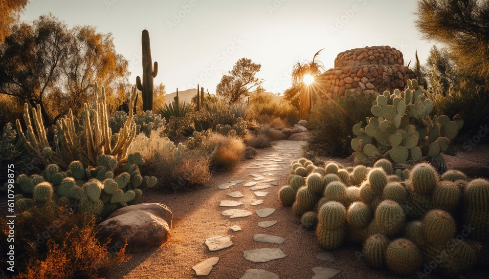 Tranquil sunset over arid mountains, dry bush and succulent plants generated by AI