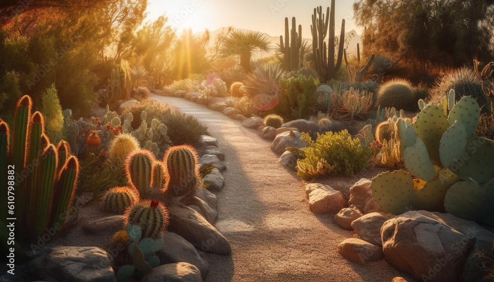 Tranquil sunset landscape green succulent plant, yellow flower head, mountain backdrop generated by 