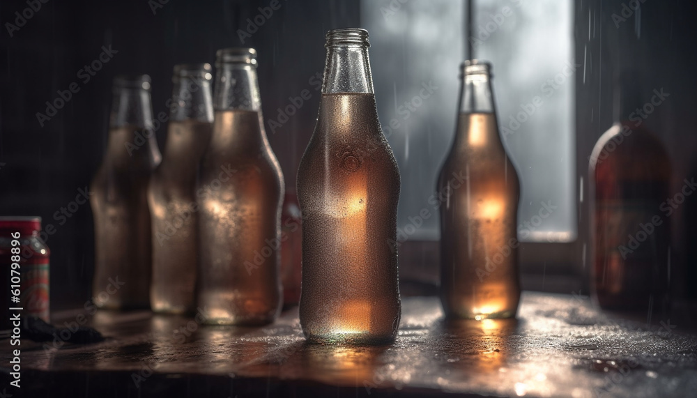 Dark liquid in glass bottle on wet table reflects industry equipment generated by AI