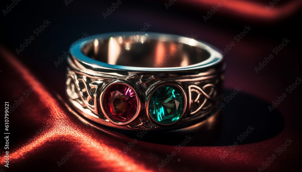 Shiny gold wedding ring with blue gemstone, symbol of love generated by AI