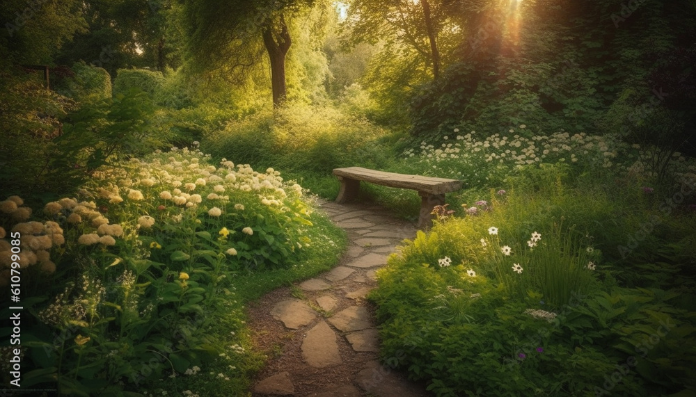 Tranquil meadow bench surrounded by blossoming flowers and green trees generated by AI