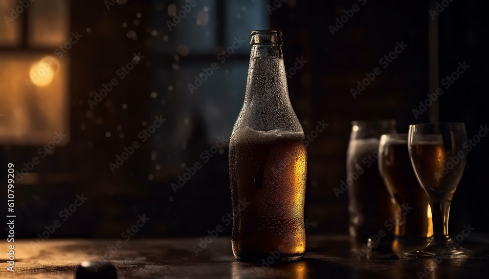 Golden liquid drops on table, fresh beer in glass for relaxation generated by AI