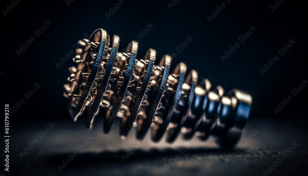 Shiny steel machinery in a row, on black background generated by AI