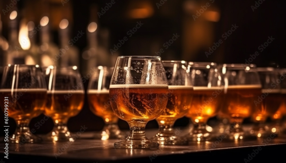 Golden liquid in row of glasses on bar counter, nightlife celebration generated by AI