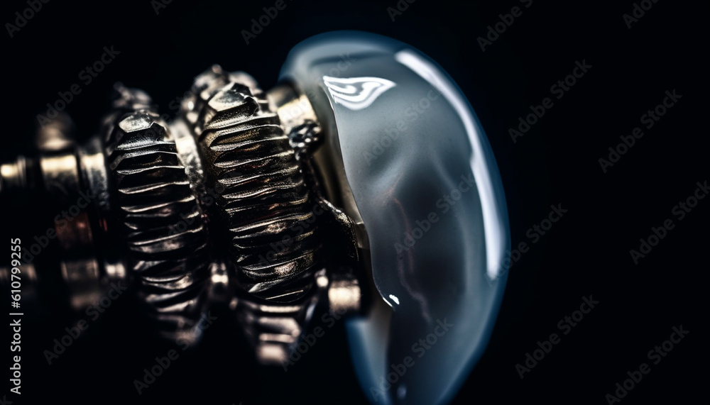 Shiny metallic wheel on black background, symbol of power and industry generated by AI