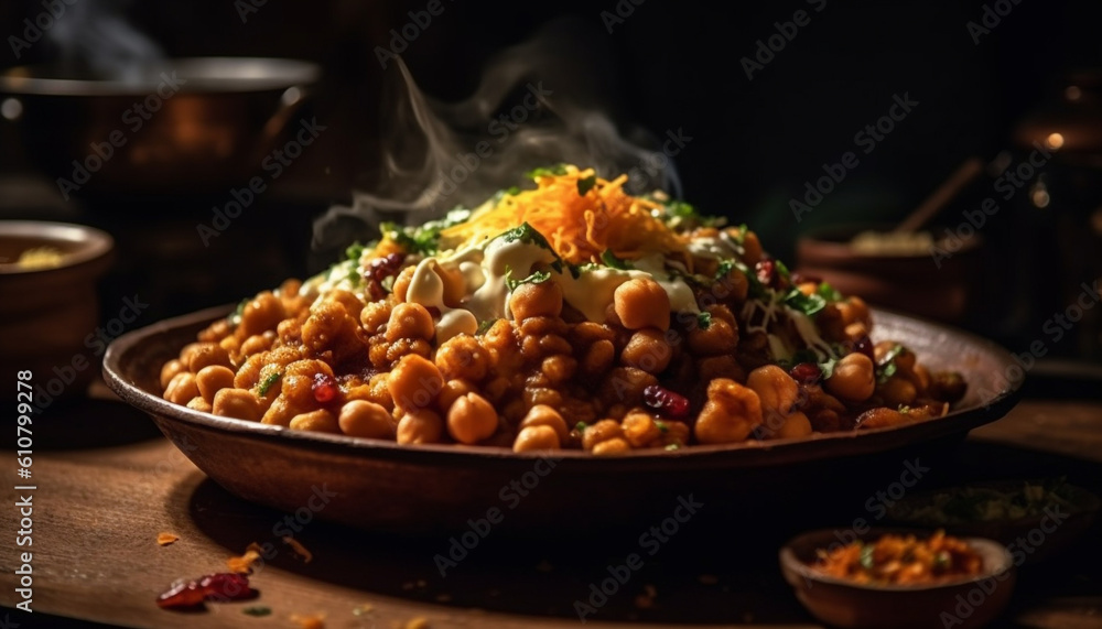 Freshly cooked vegetarian meal in a rustic bowl with vegetables generated by AI