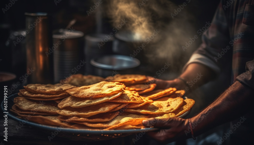 Homemade pancake stack, fried to perfection, a gourmet dessert generated by AI