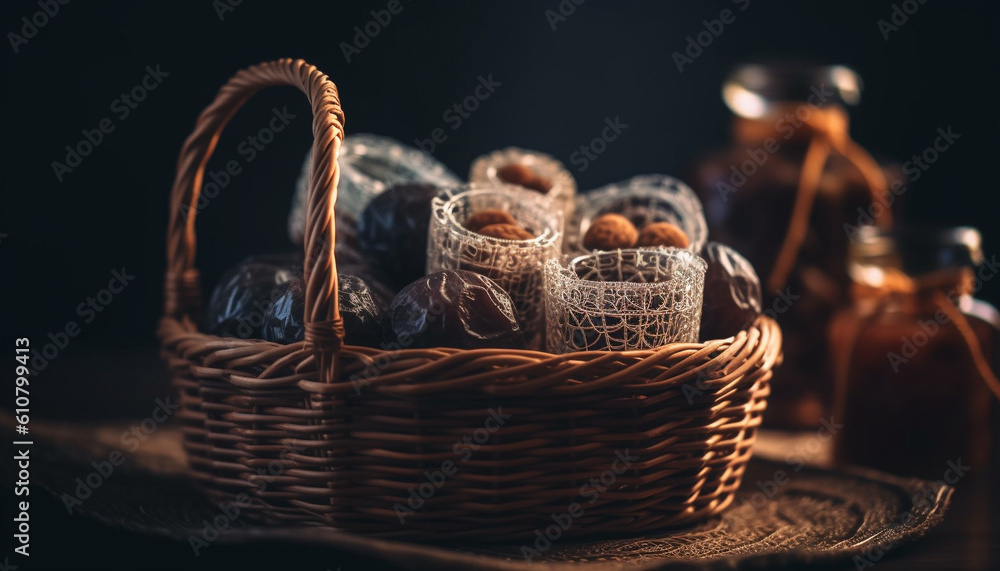 Homemade wicker basket with rustic wood and ornate decoration generated by AI