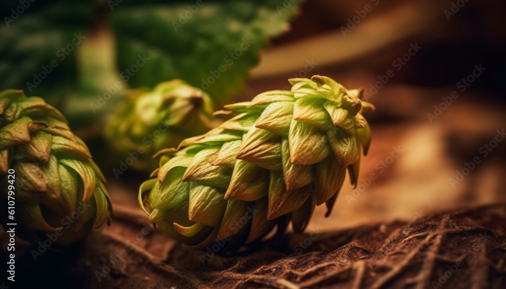 Fresh organic artichoke, ripe fruit, and healthy vegetable on table generated by AI