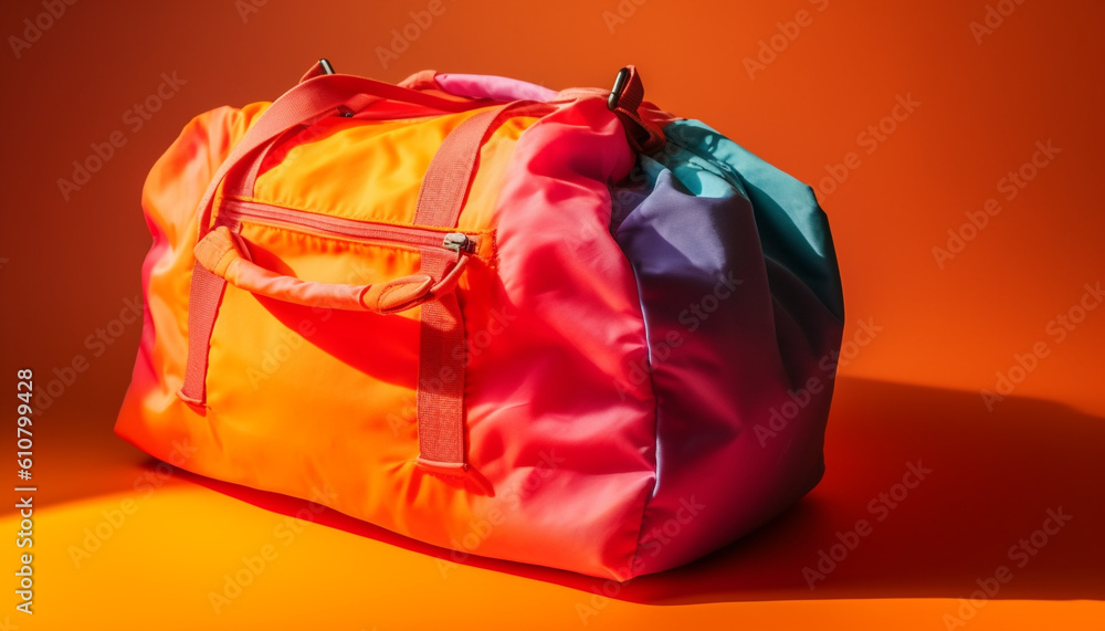 Backpack carrying equipment for hiking adventure in vibrant nature background generated by AI