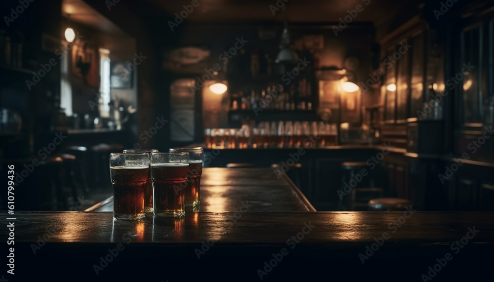 Rustic elegance at the bar whiskey, cocktails, and beer refreshment generated by AI