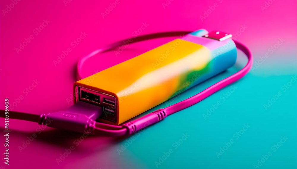 Multi colored USB cable connects computer to power supply for charging generated by AI