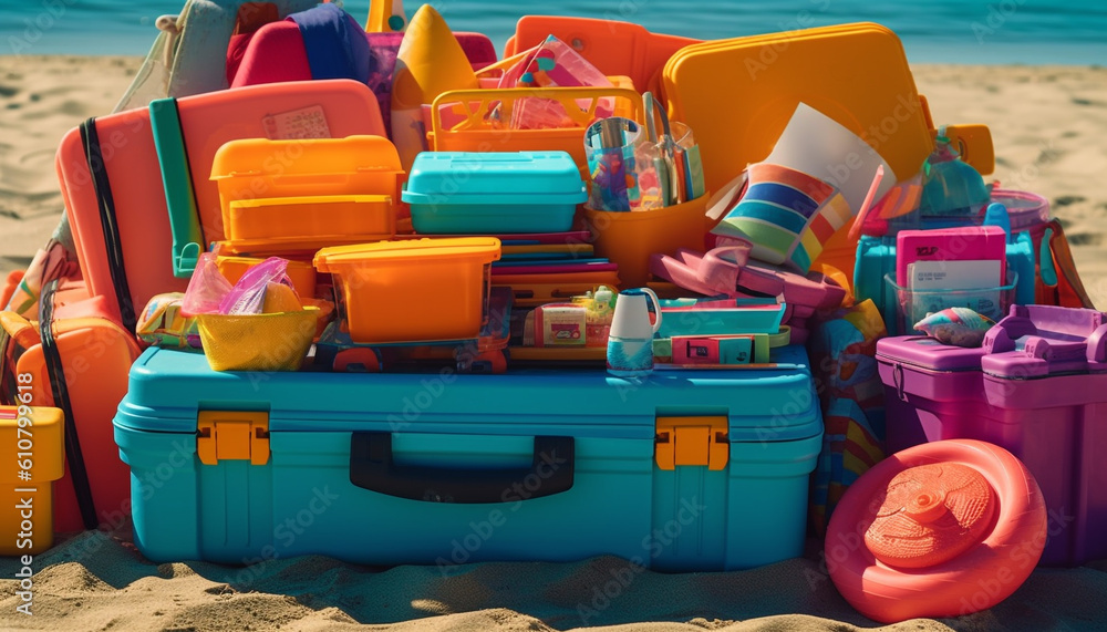 Fun filled summer journey to tropical resort with multi colored luggage generated by AI