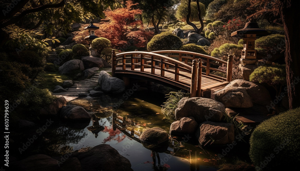 Tranquil scene of autumn landscape with Japanese maple and footbridge generated by AI