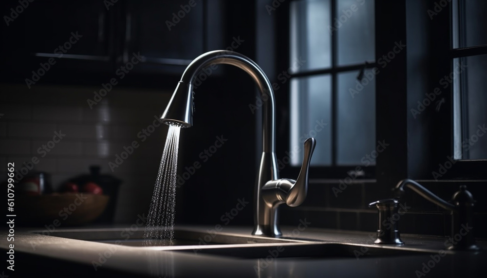 Modern kitchen sink with chrome faucet and running water reflection generated by AI