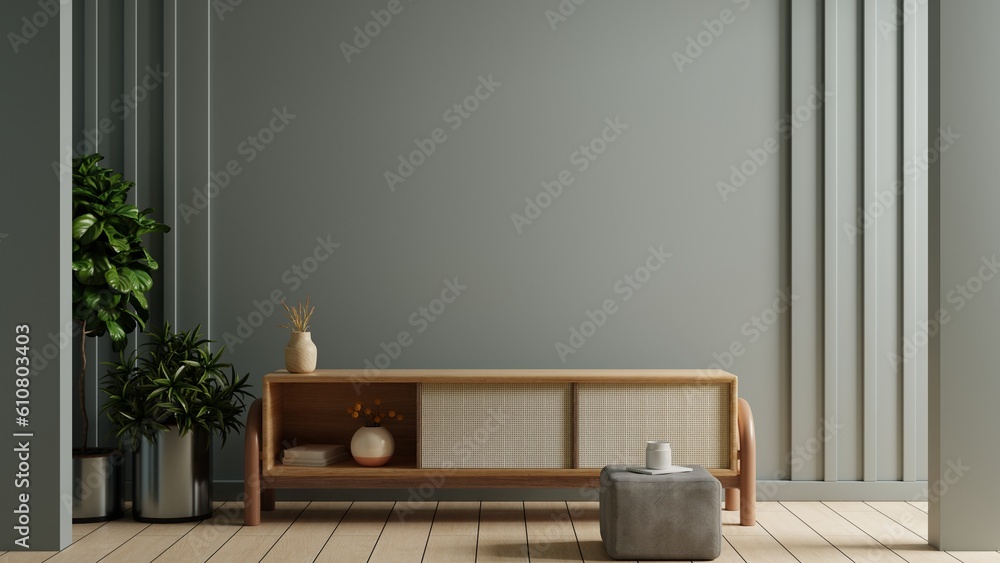 Living room on dark blue wall background with cabinet mockup for TV .3d rendering