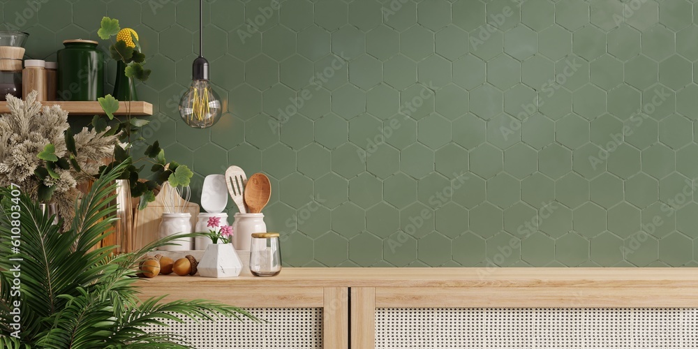 Green wall panelling with wooden shelf in kitchen room.3d rendering