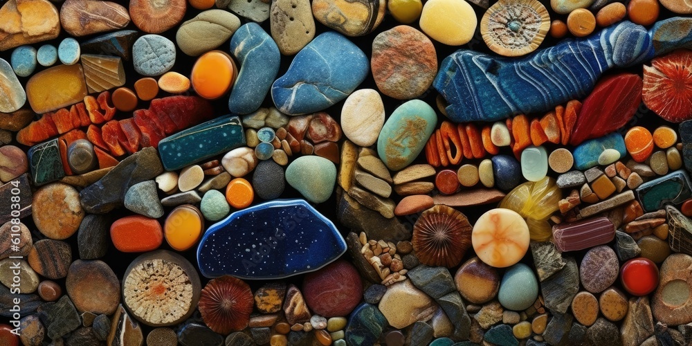 Mosaic of Minerals artistic composition featuring an assortment of vibrant and textured gemstones  G