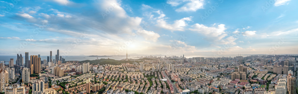 Aerial photo of urban landscape in Qingdao coastal bay area